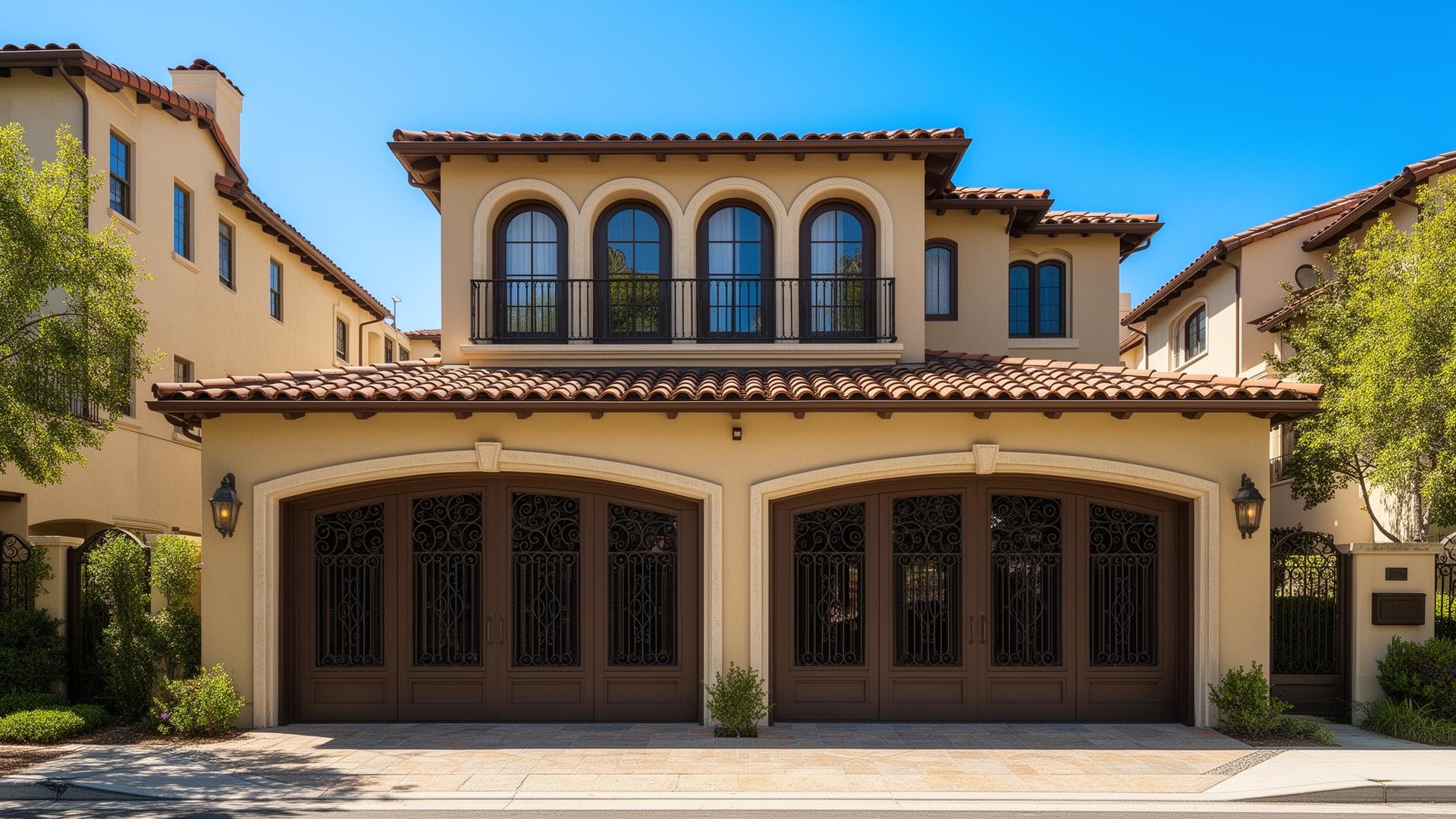 Spanish colonial style garage doors with decorative iron grilles on upscale townhouse